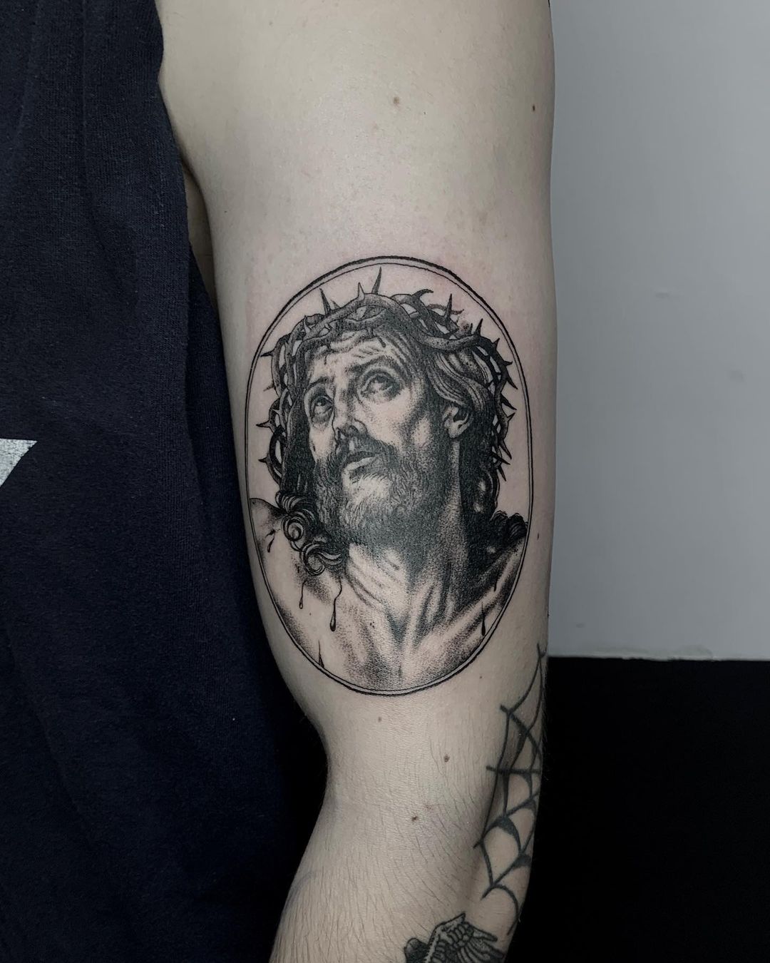 Jesus Portrait Tattoo With Crown Of Thorns On Arm