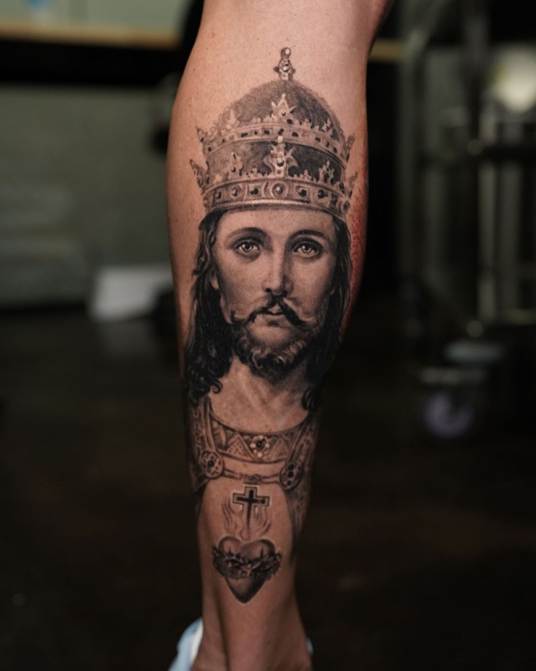 Kingly Jesus Christ With Sacred Heart Leg Tattoo