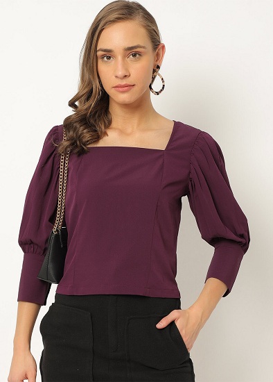 Plain Square Neck Cotton Top With Puff Sleeves