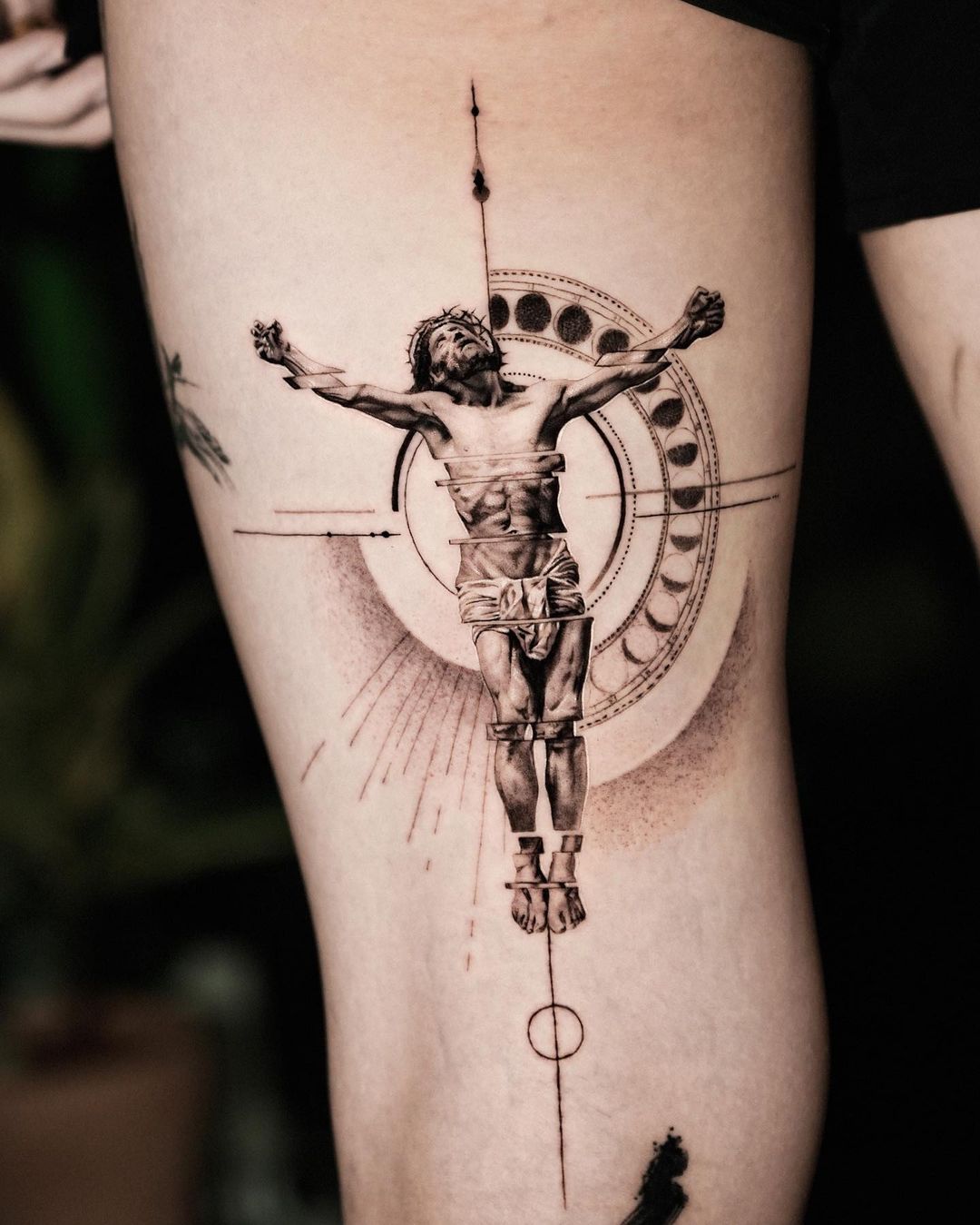 Realistic Jesus Christ And Moon Phases Forearm Tattoo
