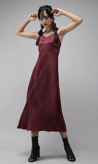 Satin Fit And Flare Pleated Dress