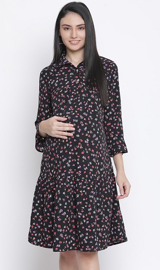 Satin Printed Dress With Bell Sleeves