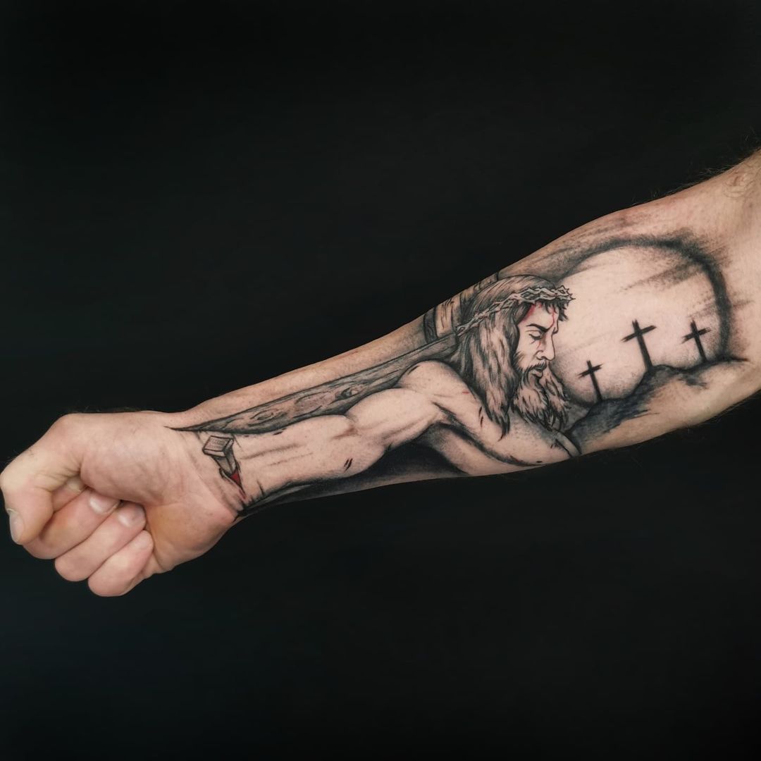 Traditional Jesus On The Cross Forearm Tattoo