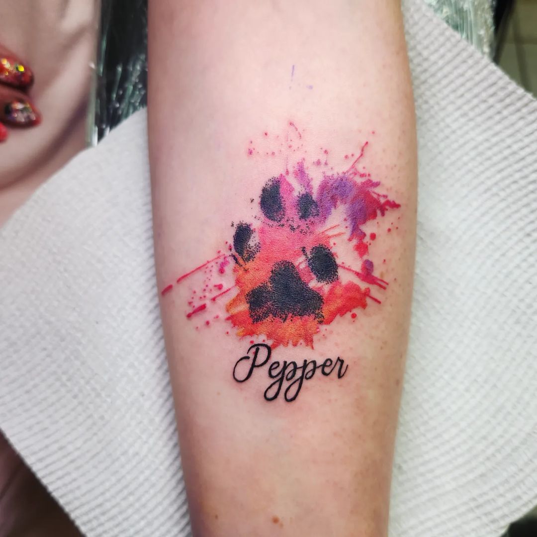 Colourful Watercolor Paw Print Tattoo
