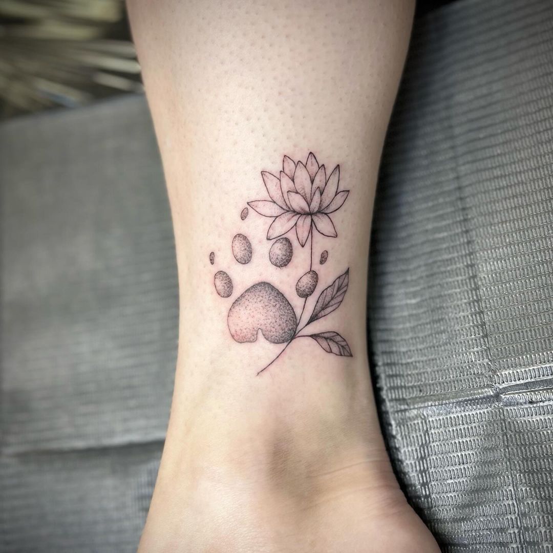 Floral Paw Print Tattoo On Ankle