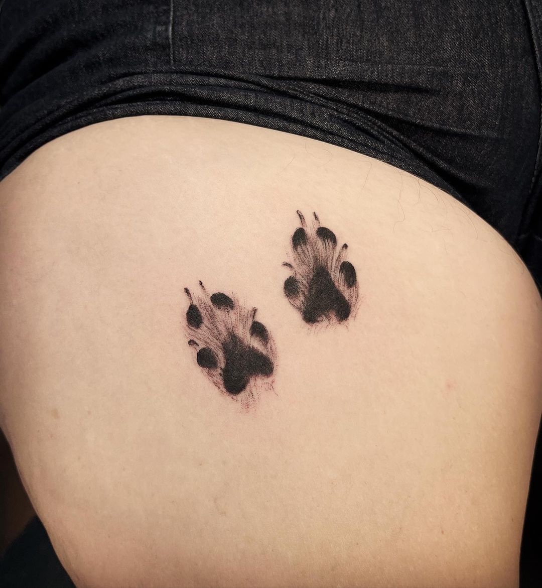 Large Dog Paw Print Tattoo On Thigh