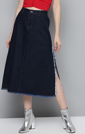 Blue Fringe Skirt With Side Slit