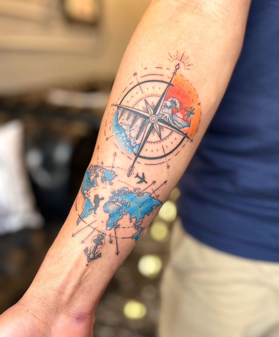 Colourful Compass Tattoos With World Map