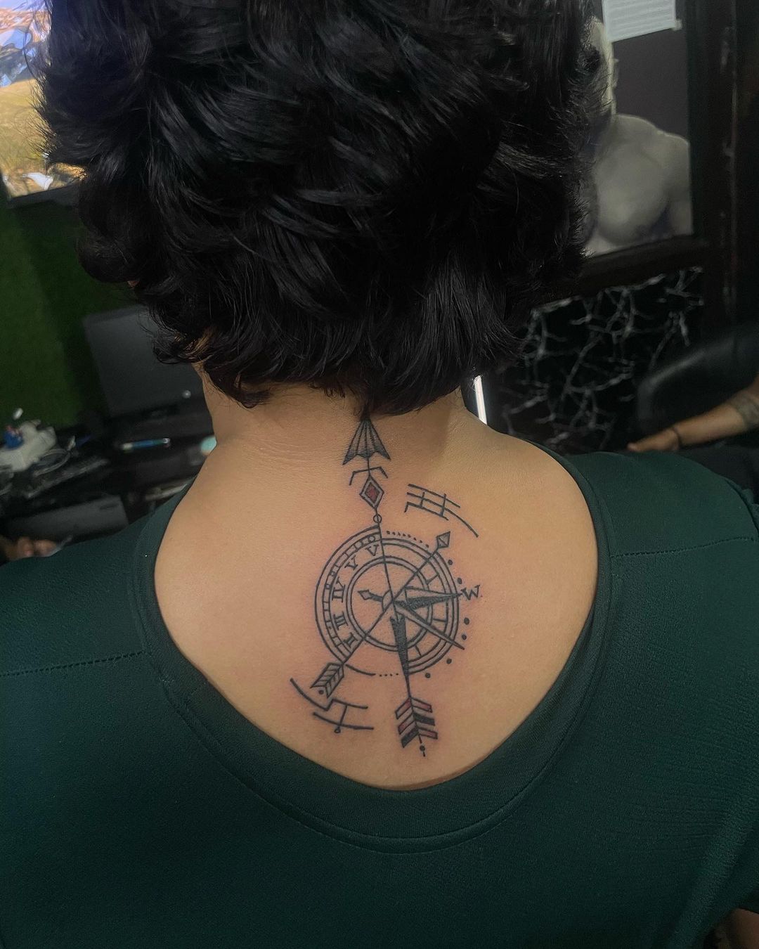 Compass Back Tattoo With Arrows