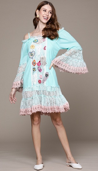 Embroidered Lace Dress With Bell Sleeves