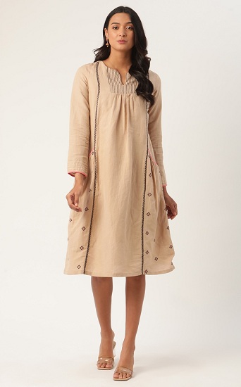Long Sleeve Embroidered Linen Dress