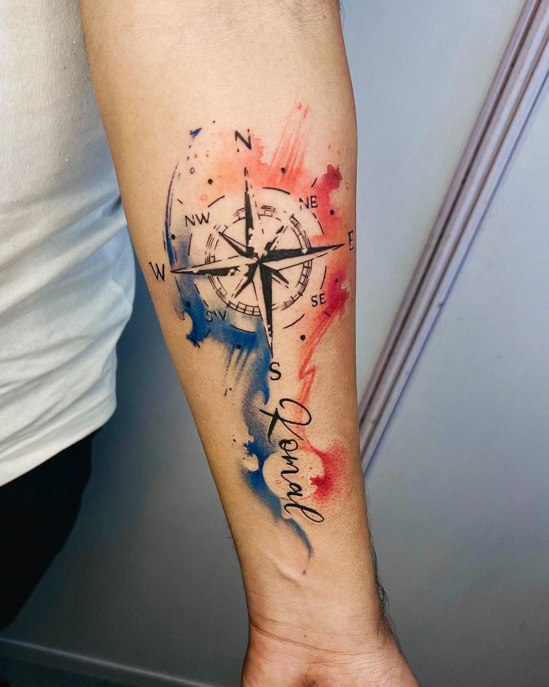 Watercolor Compass Tattoo On The Forearm