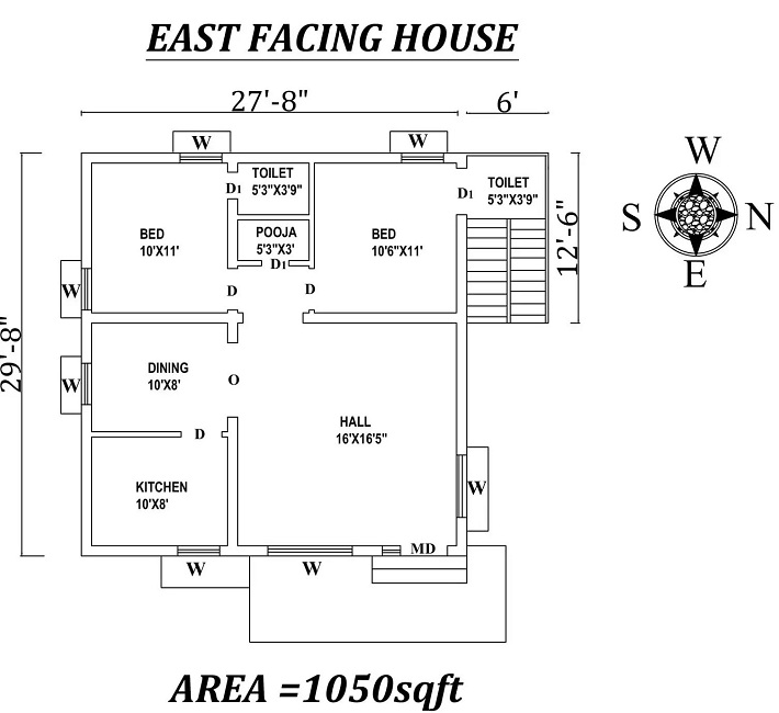 2 BHK East Facing House Plan - 27'8" X 29'8"