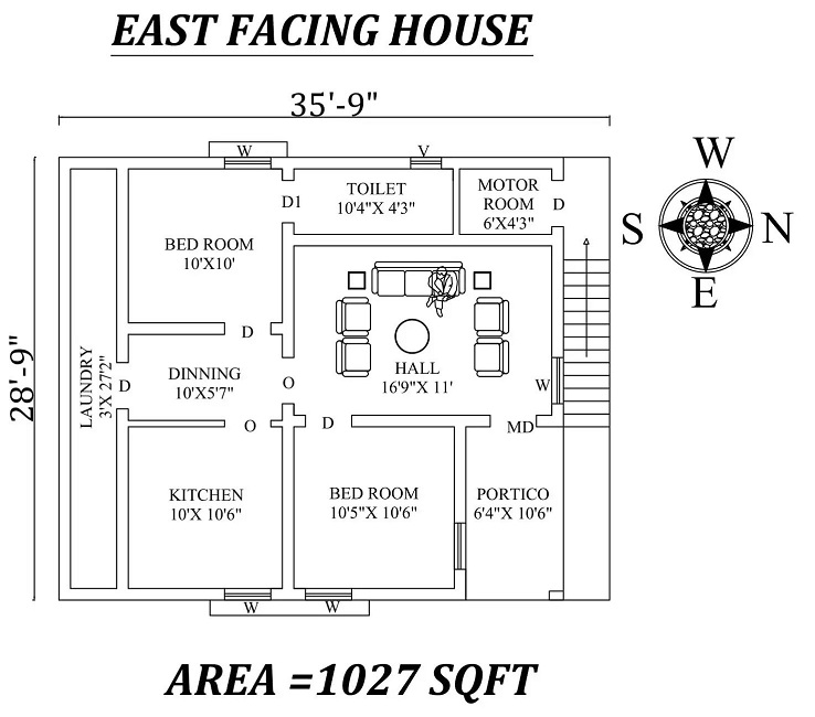 2 BHK East Facing House Plan - 38'9"X 28'9"