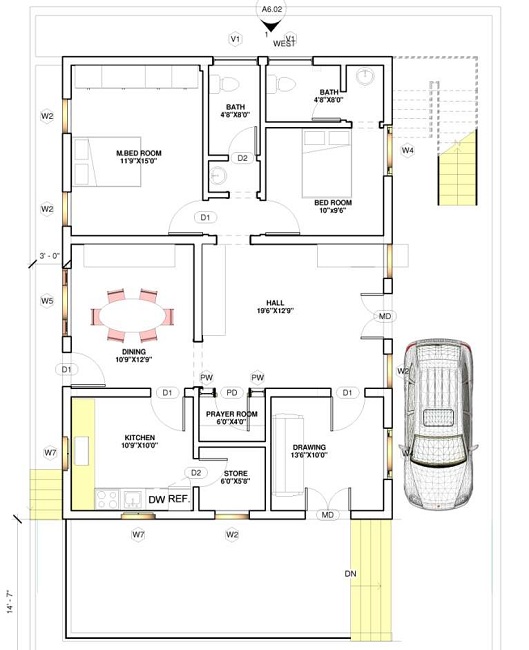 2bhk East Facing House Plan - 40' X 60'