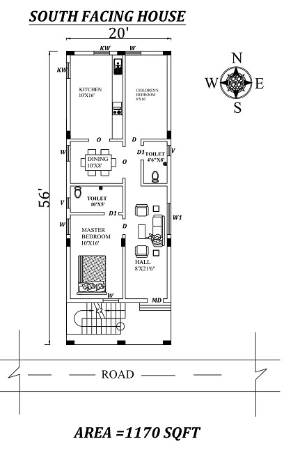 2 BHK South Facing First Floor House Plan - 20'x56′