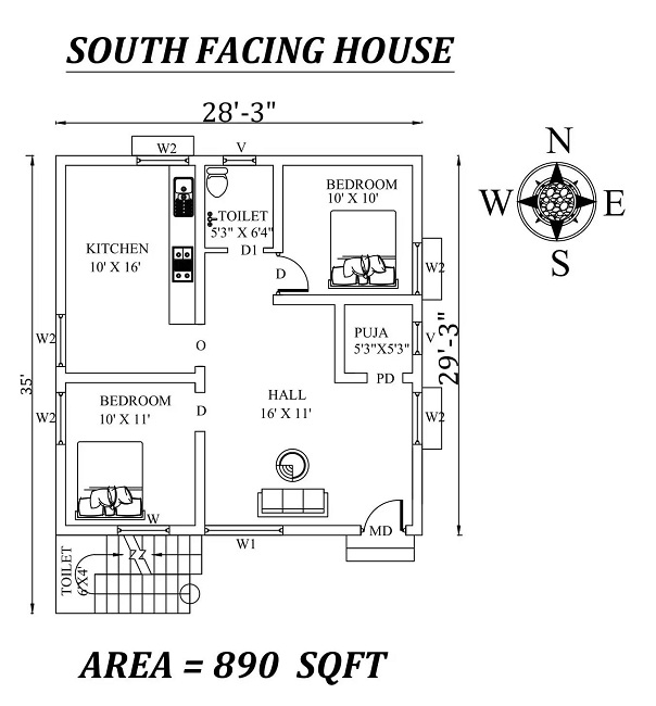 2 bhk South Facing House Plan - 28'x35′
