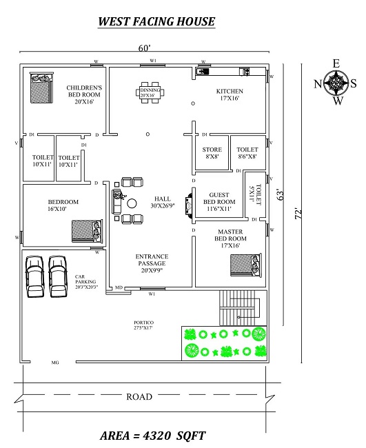 3 BHK west-facing House Plan - 60′ X 72′