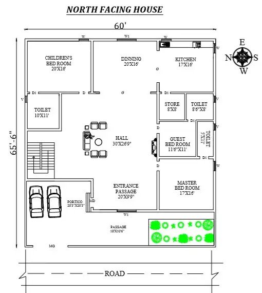 3BHK North Facing House Plan - 60'X65'