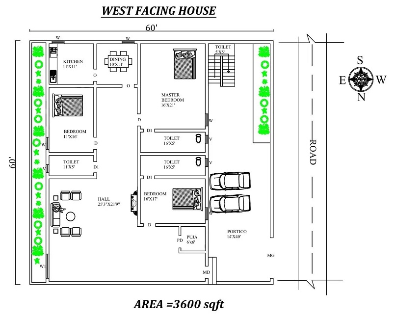 3BHK West Facing House Plan – 60'X60'