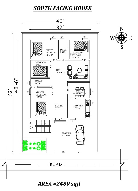 3BHK South Facing House Plan - 40'X62′