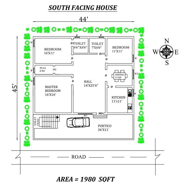 3 BHK South Facing House Plan - 44'X45′