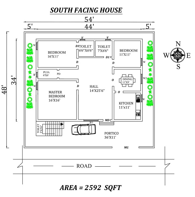 3BHK South Facing House Plan - 54'X48′