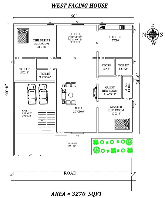 3BHK West Facing House Plan - 60'X 65'6″