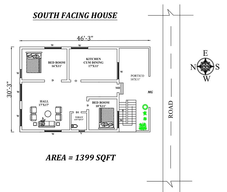 Beautiful 2BHK South Facing House Plan - 46'x30