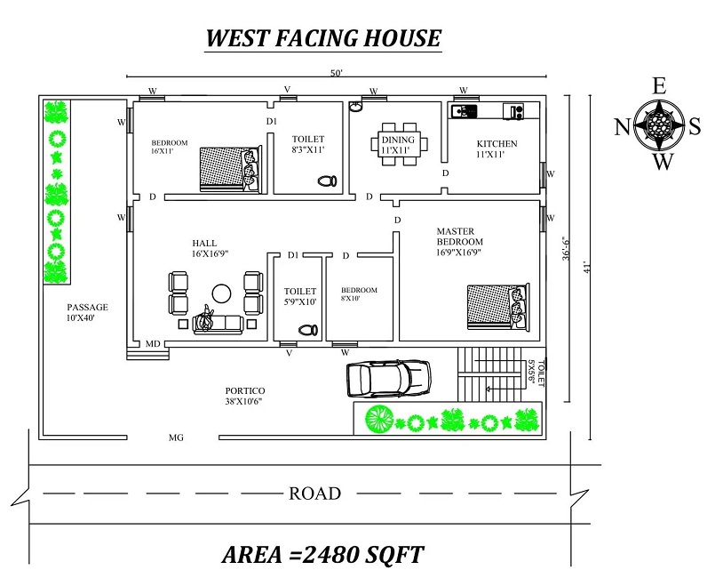 Beautiful 3BHK West Facing House Plan - 50'X 41′