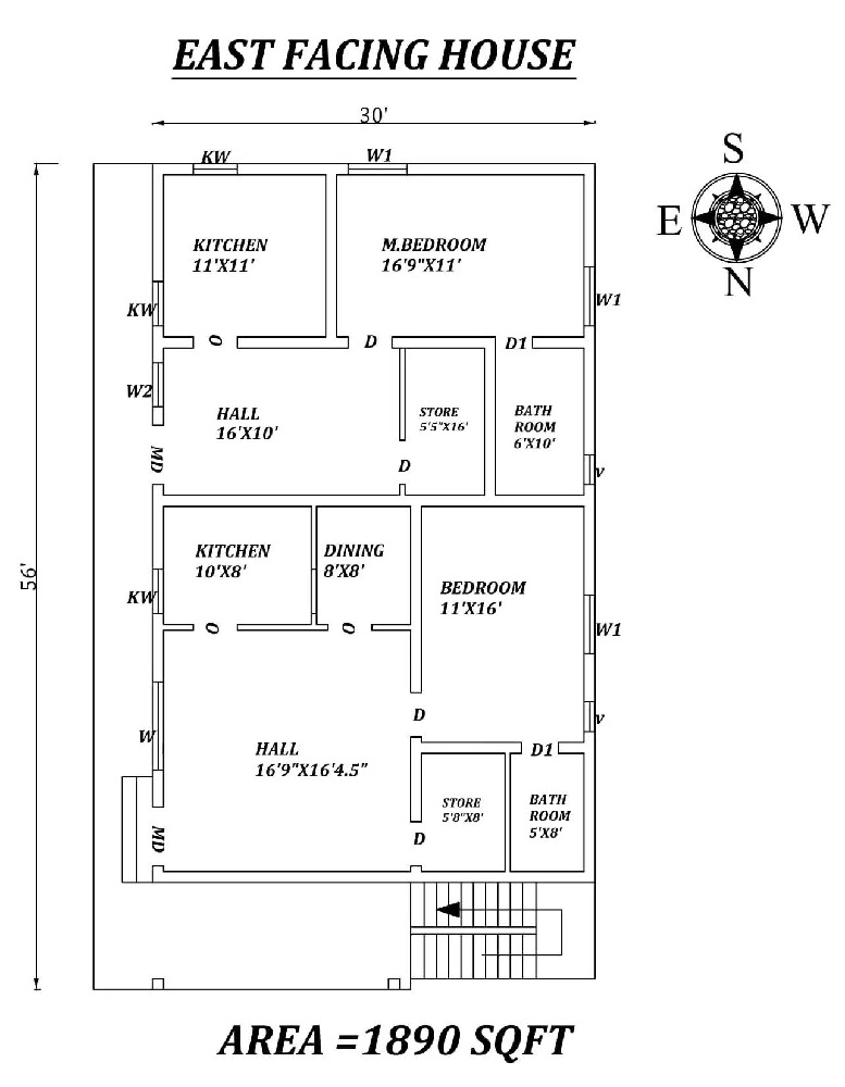 Double Single BHK East-Facing House Plan