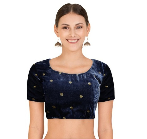 Navy Blue Velvet Blouse With Elaborate Golden Embroidery