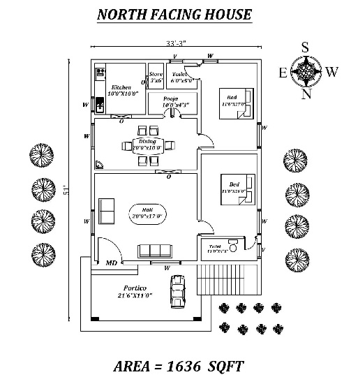 North Facing 2bhk House Plan - 33'x51′