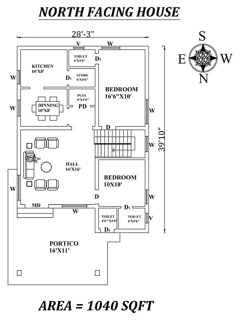 North Facing 2bhk House Plan - 28'3″x 39'10"