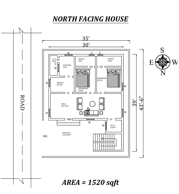 North Facing 2bhk House Plan - 30'X39′