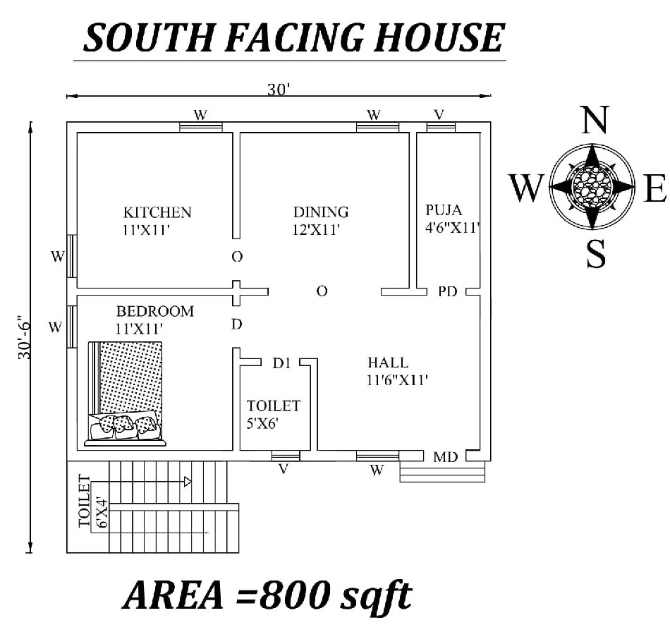 Single BHK South-Facing House Plan