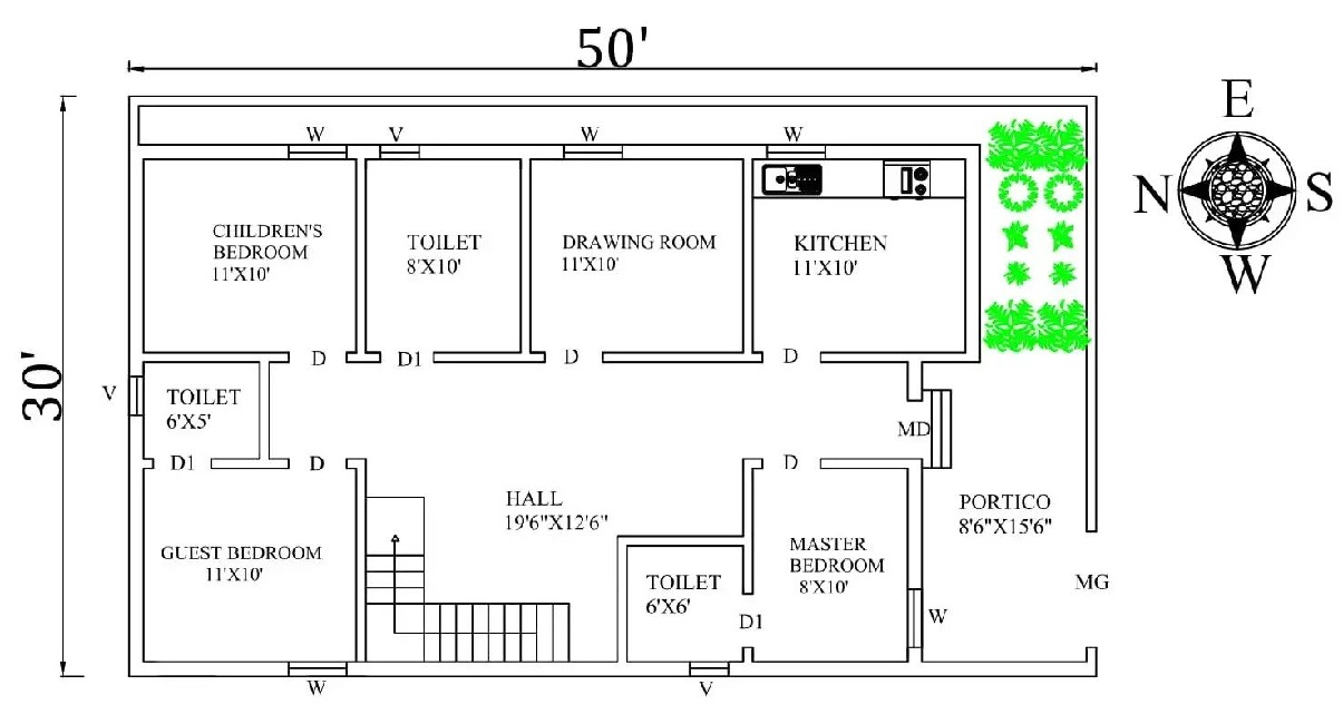 South Facing 3BHK House Plan - 50'x30′