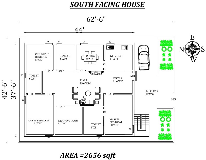 South Facing 3BHK House Plan - 62'6″ X42'6″