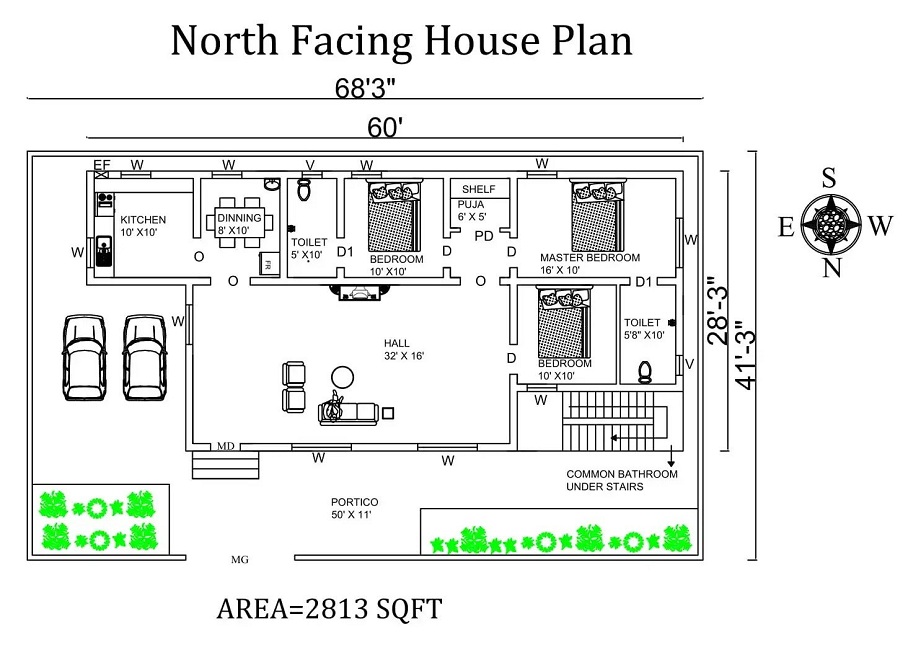 Splendid 3 BHK North Facing House Plan – 68'X41'