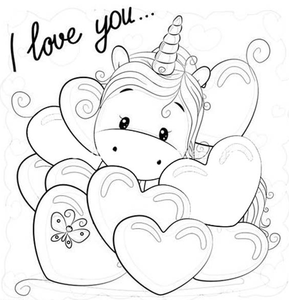 Unicorn Valentine Coloring Image