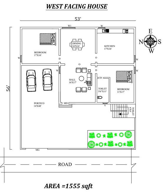 West Facing 2bhk House Plan - 53'X56′