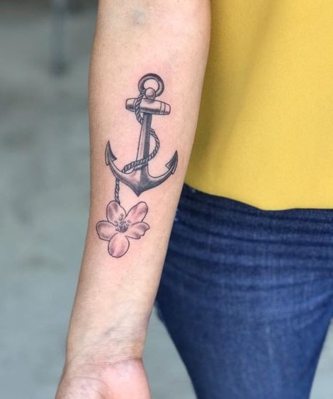 Flowers And Ropes Anchor Tattoo