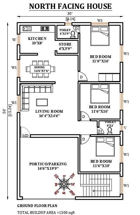 1500 Sq Ft House Plan with Parking Space