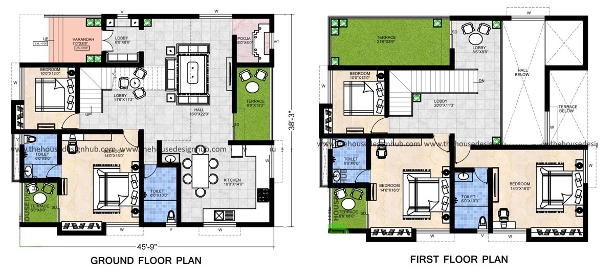 40 X 38 ft Duplex House Plan - 5 BHK