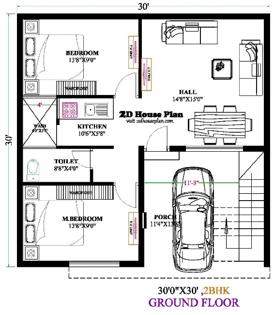 900 Square Feet House Plan with Car Parking