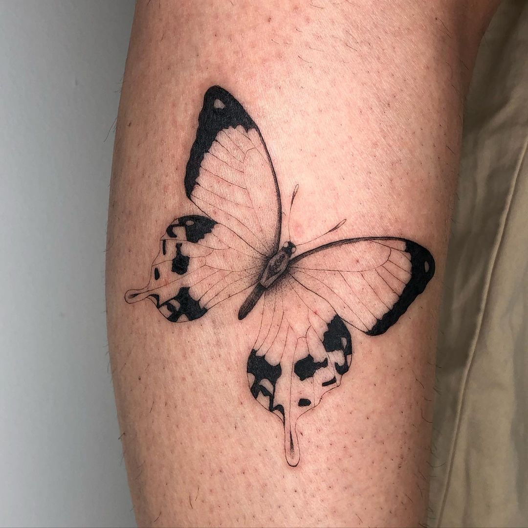 Classic Black And White Butterfly Leg Tattoo