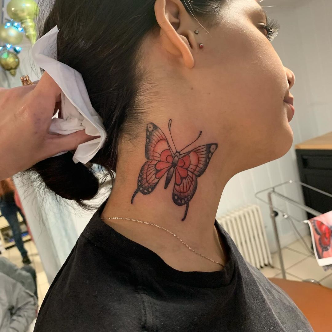 Colourful Butterfly Neck Tattoo