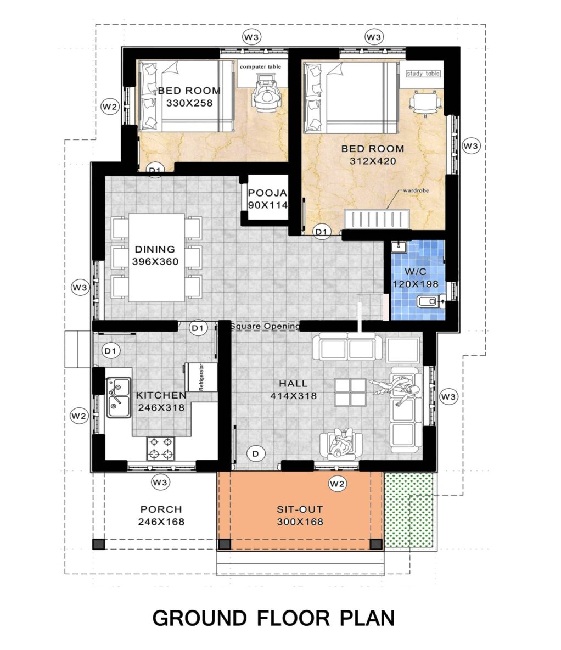 Double Bedroom 1000 Sqft House Plan