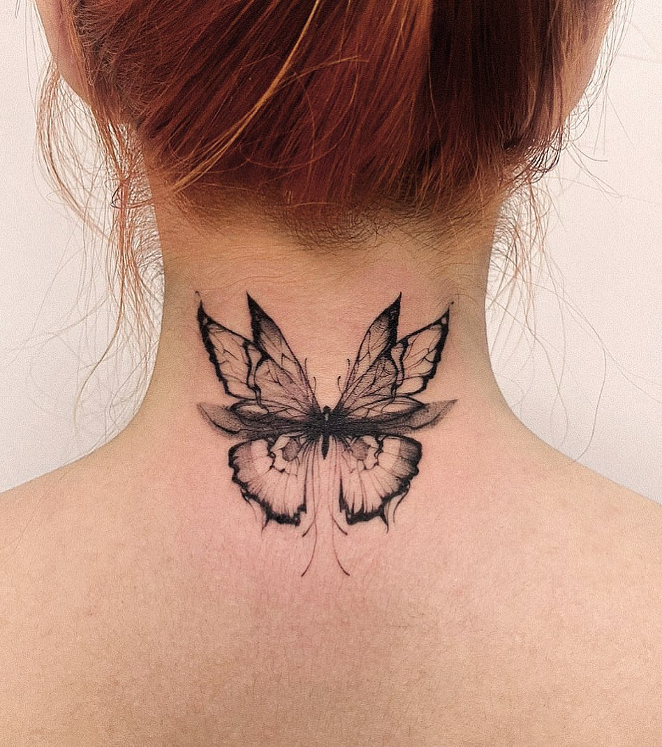 Gothic Butterfly Neck Tattoo