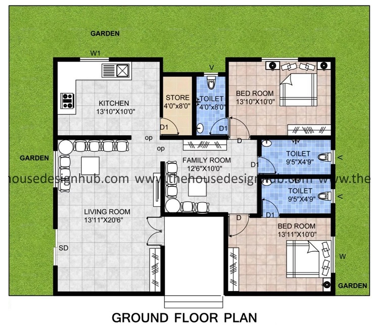 Spacious 37 X 32 Feet 2 BHK House Plan